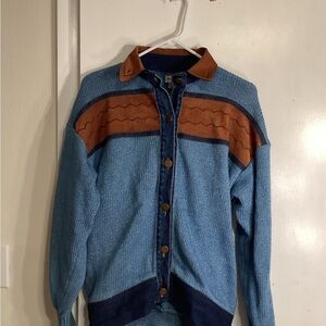 Jeene Vtg cardigan button up jacket leather and denim trim. Gorgeous!